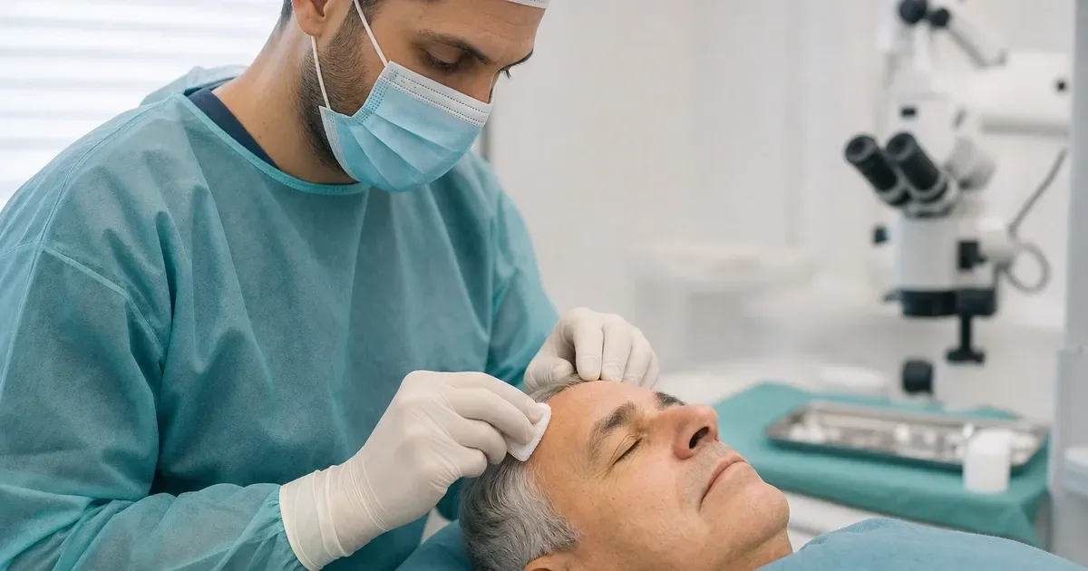 Cirurgião dermatológico preparando a têmpora de um paciente para cirurgia de Mohs
