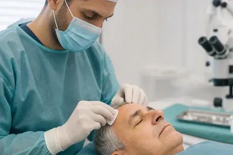 Cirurgião dermatológico preparando a têmpora de um paciente para cirurgia de Mohs