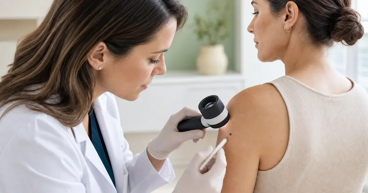 Dermatologista avaliando e marcando uma pinta no ombro de uma paciente