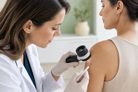 Dermatologista avaliando e marcando uma pinta no ombro de uma paciente