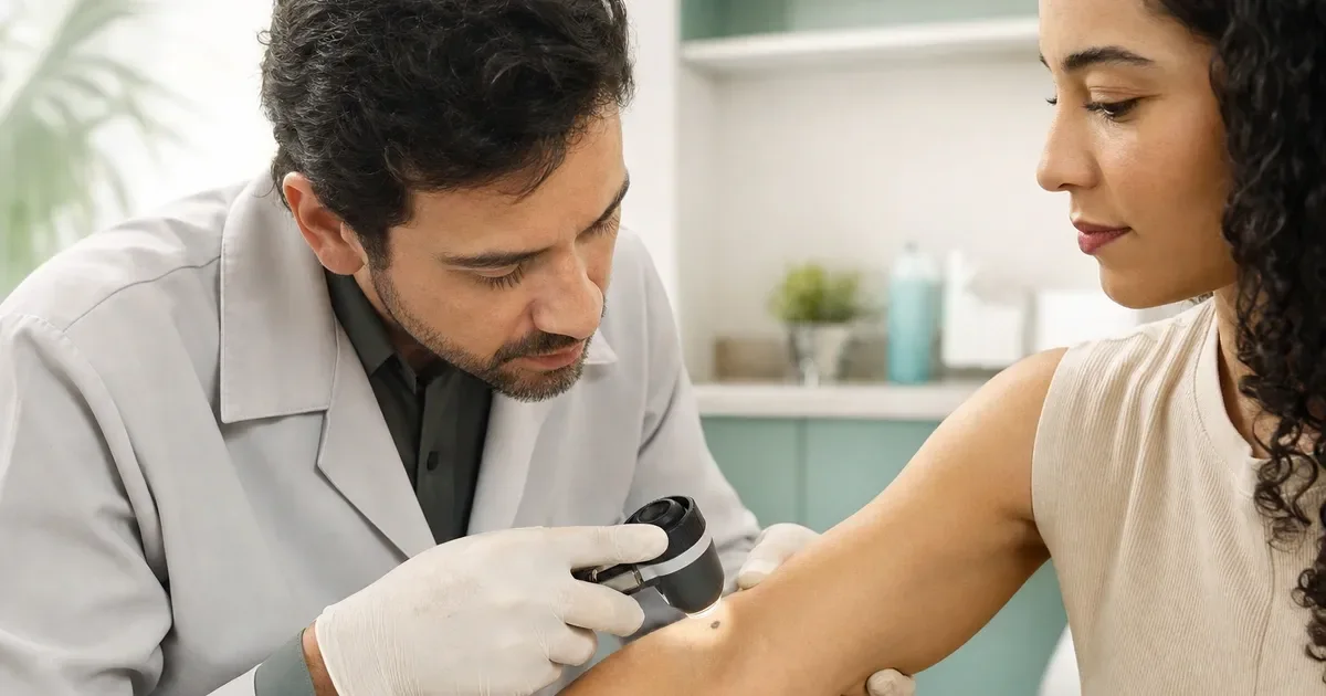 Dermatologista examinando uma pinta no braço de uma paciente com dermatoscópio