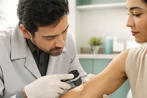 Dermatologista examinando uma pinta no braço de uma paciente com dermatoscópio