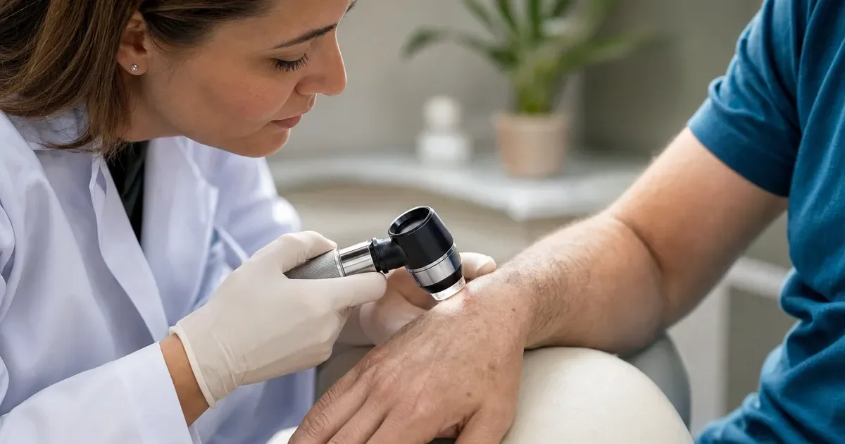 Dermatologista examinando uma lesão avermelhada no antebraço de um paciente