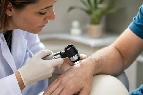 Dermatologista examinando uma lesão avermelhada no antebraço de um paciente