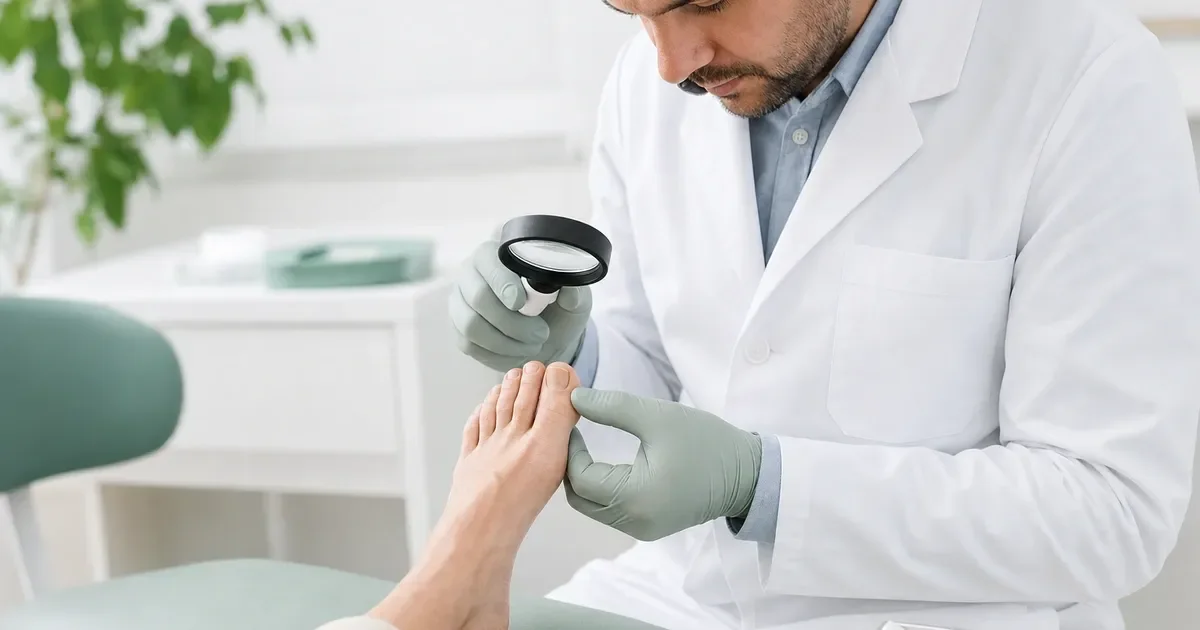 Dermatologista examinando as unhas do pé de uma paciente