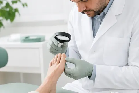 Dermatologista examinando as unhas do pé de uma paciente