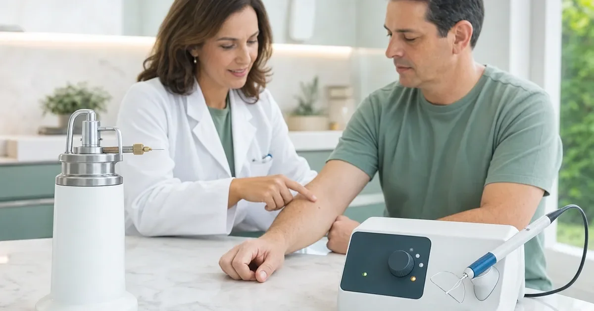 Dermatologista explicando ao paciente equipamentos de crioterapia e cauterização