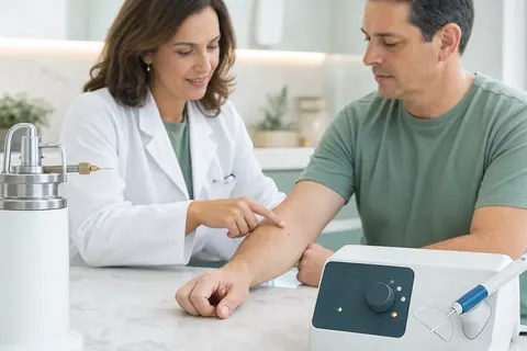 Dermatologista explicando ao paciente equipamentos de crioterapia e cauterização