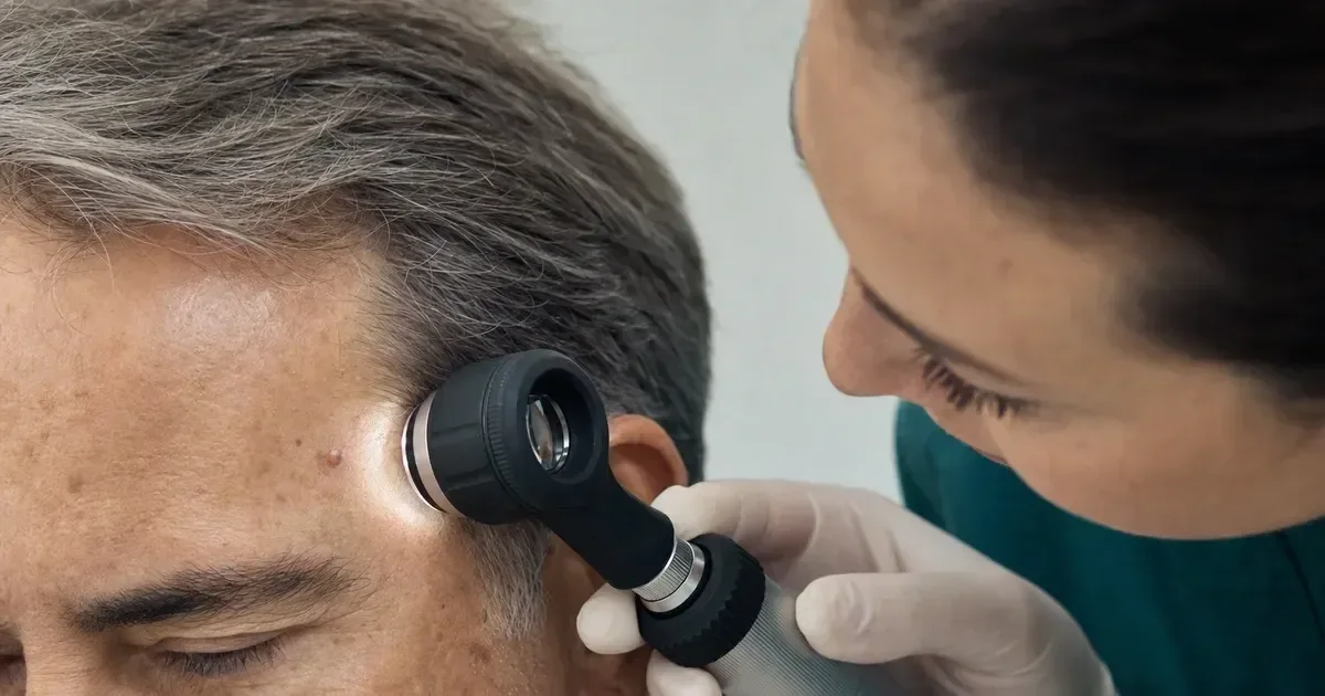 Dermatologista examinando uma pequena lesão na têmpora de um paciente