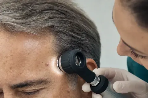 Dermatologista examinando uma pequena lesão na têmpora de um paciente