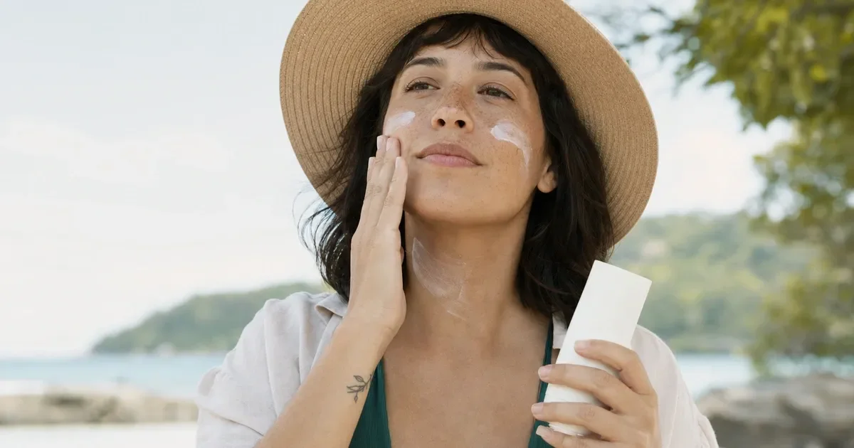 Mulher de chapéu aplicando protetor solar no rosto e no pescoço