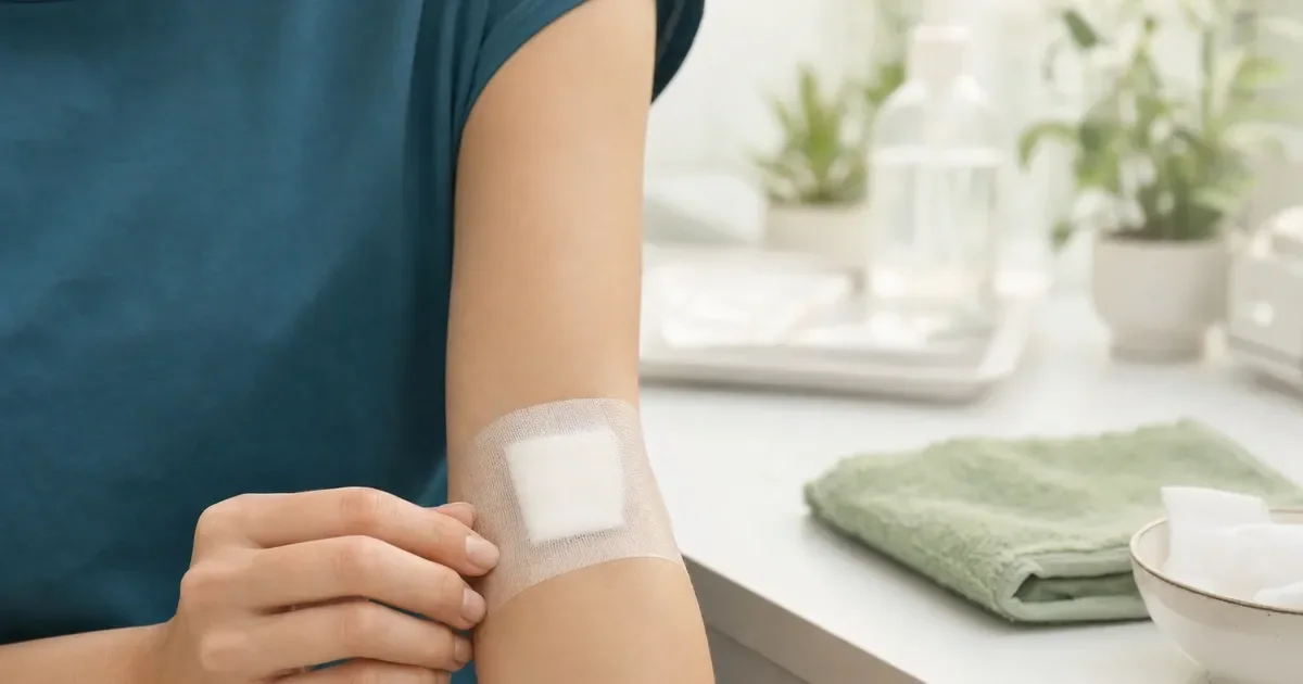 Pessoa cuidando de um curativo limpo no braço após cirurgia dermatológica