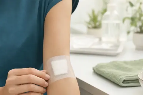 Pessoa cuidando de um curativo limpo no braço após cirurgia dermatológica