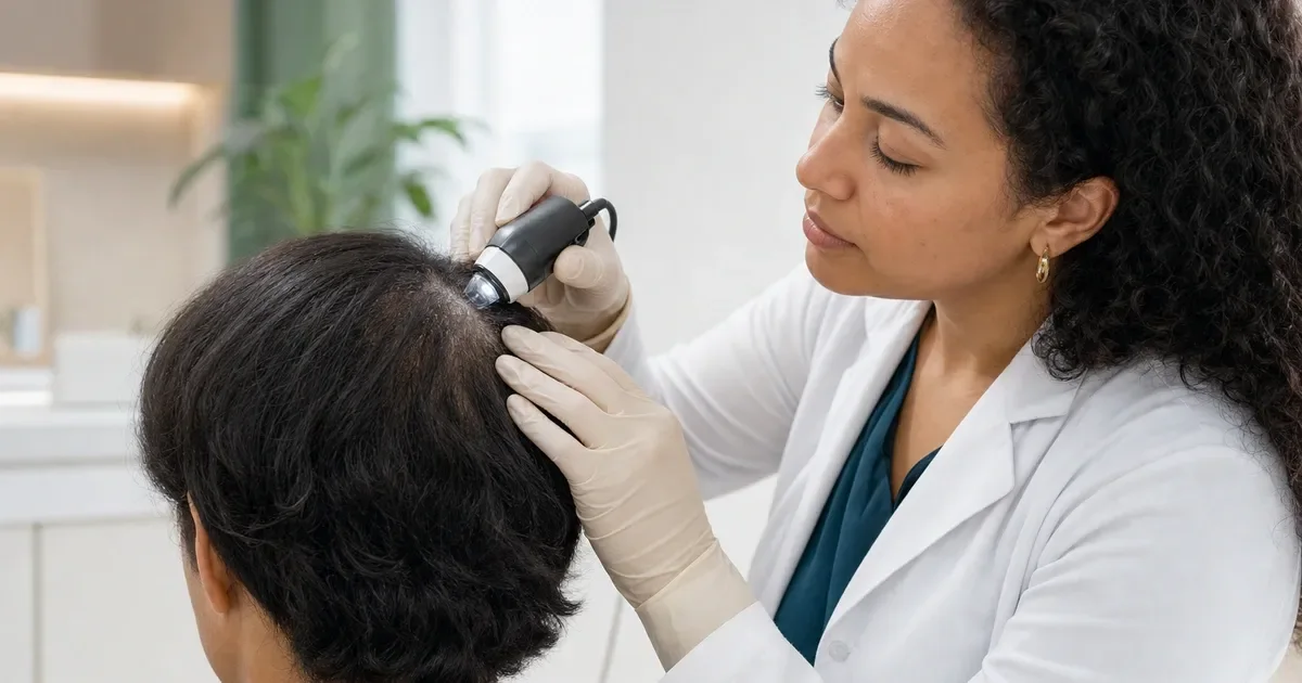 Dermatologista examinando o couro cabeludo de um paciente com tricoscópio