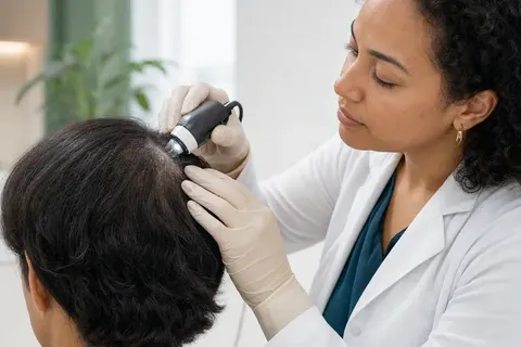 Dermatologista examinando o couro cabeludo de um paciente com tricoscópio