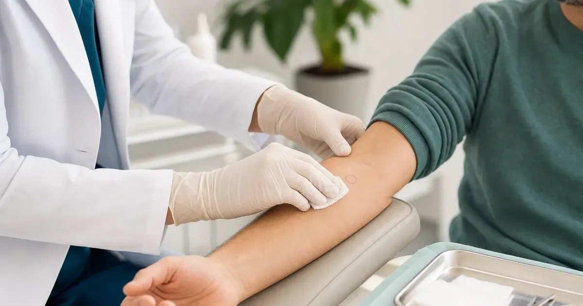 Dermatologista higienizando uma área marcada no braço antes de uma biópsia de pele