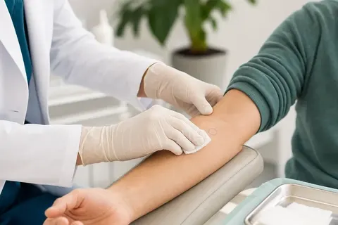 Dermatologista higienizando uma área marcada no braço antes de uma biópsia de pele