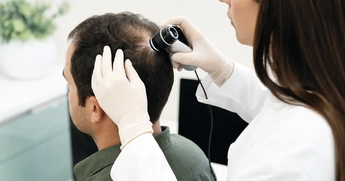 Dermatologista avaliando rarefação capilar no topo da cabeça de um paciente