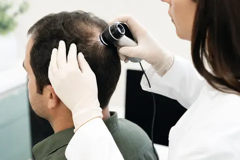 Dermatologista avaliando rarefação capilar no topo da cabeça de um paciente