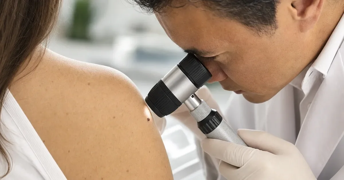 Dermatologista examinando uma pinta no ombro de uma paciente com dermatoscópio