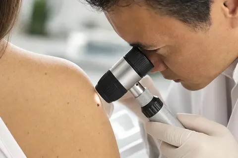Dermatologista examinando uma pinta no ombro de uma paciente com dermatoscópio
