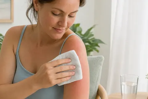 Mulher aplicando uma compressa fria sobre o ombro avermelhado pelo sol