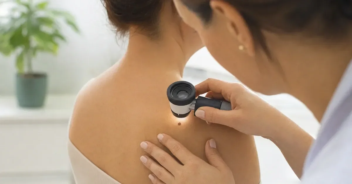 Dermatologista examinando um nevo nas costas de uma paciente com dermatoscópio