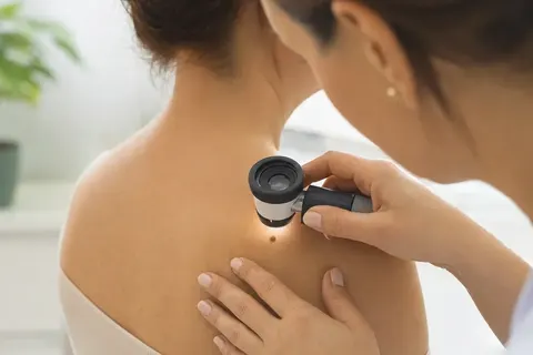 Dermatologista examinando um nevo nas costas de uma paciente com dermatoscópio
