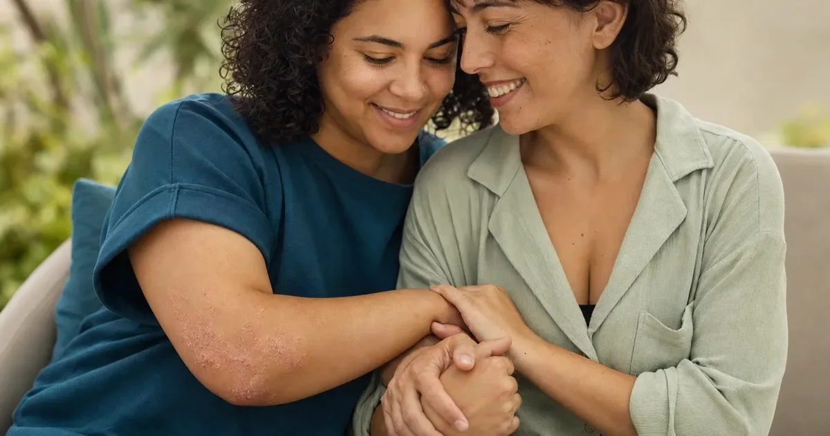 Duas mulheres em contato afetuoso, uma delas com placas de psoríase no cotovelo