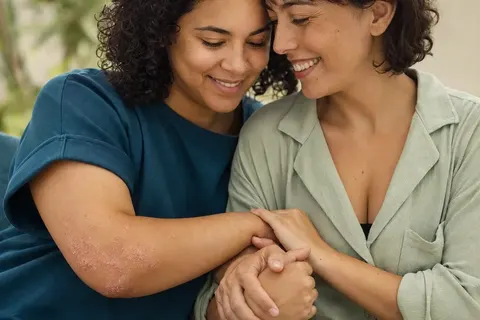 Duas mulheres em contato afetuoso, uma delas com placas de psoríase no cotovelo